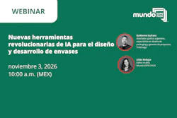 Webinar promotional poster for AI packaging design tools featuring Mundo EXPO PACK logo and speaker profiles
