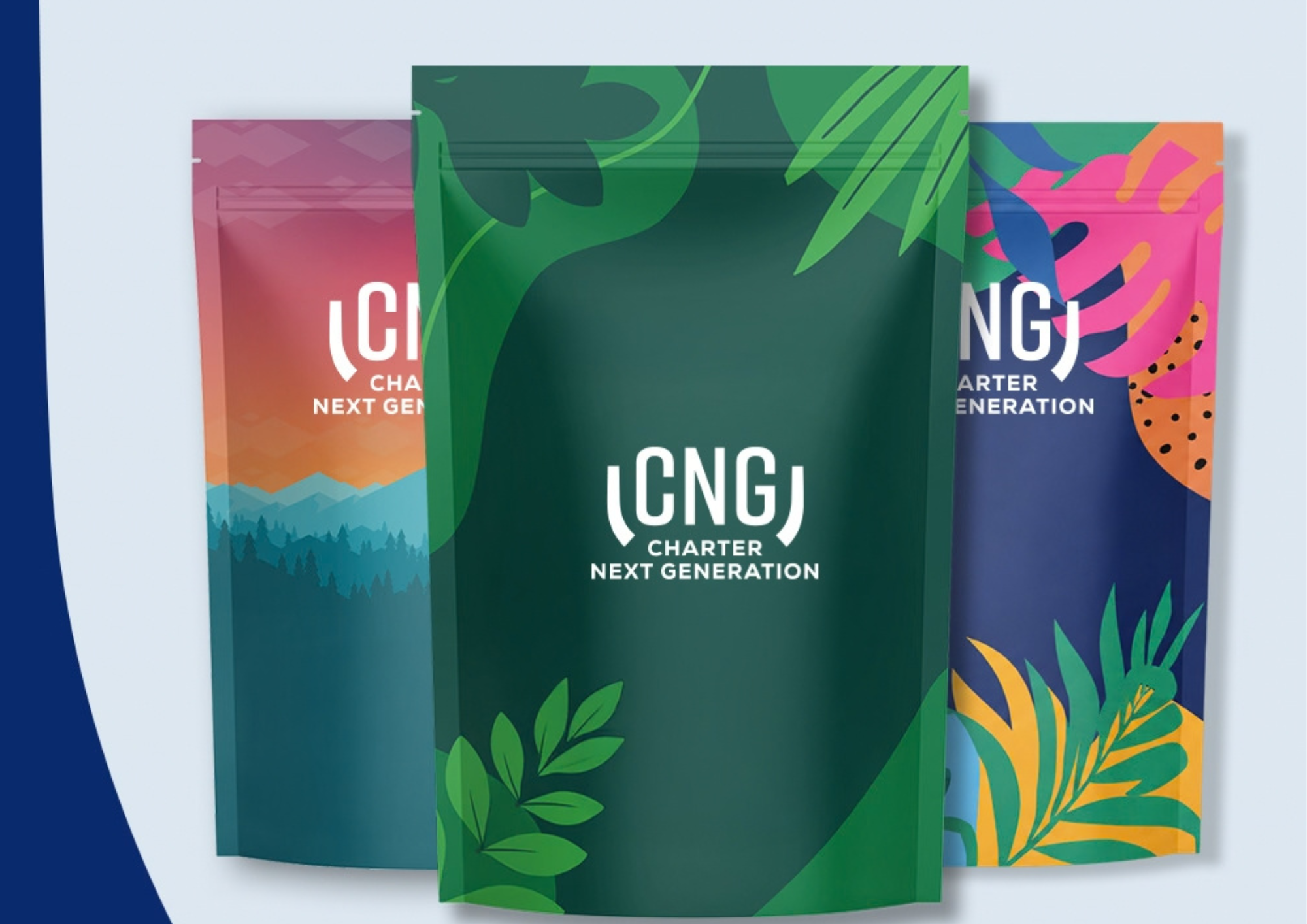 Three CNG Charter Next Generation branded pouches with vibrant green, pink, and orange botanical designs