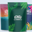 Three CNG Charter Next Generation branded pouches with vibrant green, pink, and orange botanical designs