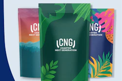 Three CNG Charter Next Generation branded pouches with vibrant green, pink, and orange botanical designs