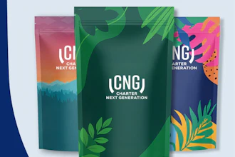 Three CNG Charter Next Generation branded pouches with vibrant green, pink, and orange botanical designs
