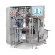 Industrial pharmaceutical capsule filling machine with control panel and blue pneumatic tubing system
