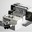 Industrial pneumatic valve assembly with solenoid controls and manifold components in isometric view
