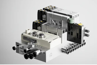 Industrial pneumatic valve assembly with solenoid controls and manifold components in isometric view