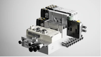 Industrial pneumatic valve assembly with solenoid controls and manifold components in isometric view