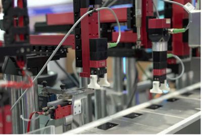 Red and black industrial robotic assembly machine with articulated arms and white tubing in a manufacturing facility