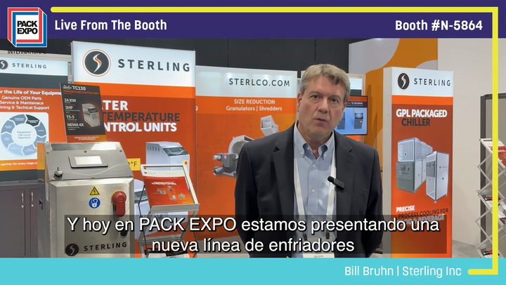 Bill Bruhn from Sterling Inc presents new chiller product line at Pack Expo booth N-5864