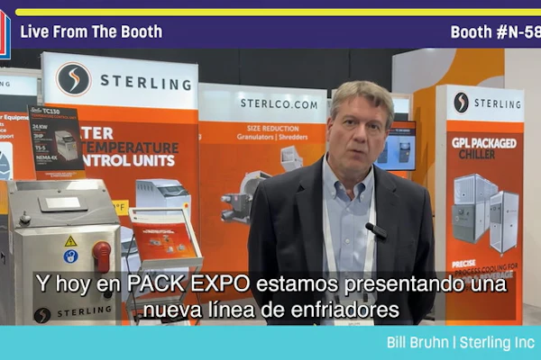 Bill Bruhn from Sterling Inc presents new chiller product line at Pack Expo booth N-5864