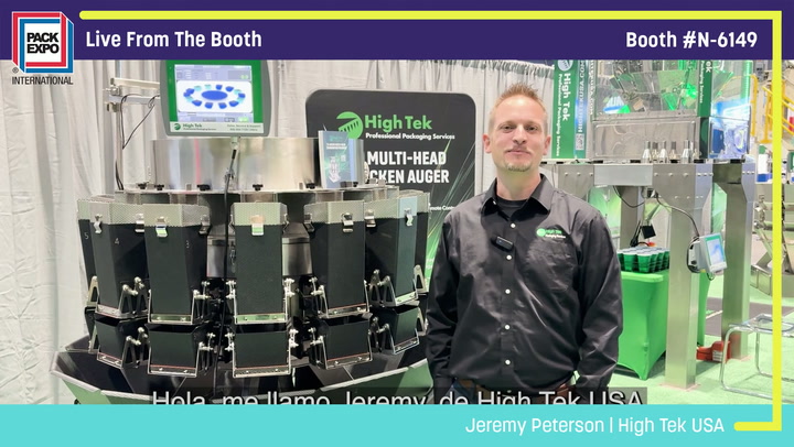 Jeremy Peterson from High Tek USA demonstrates multi-head specimen auger equipment at Pack Expo booth N-6149