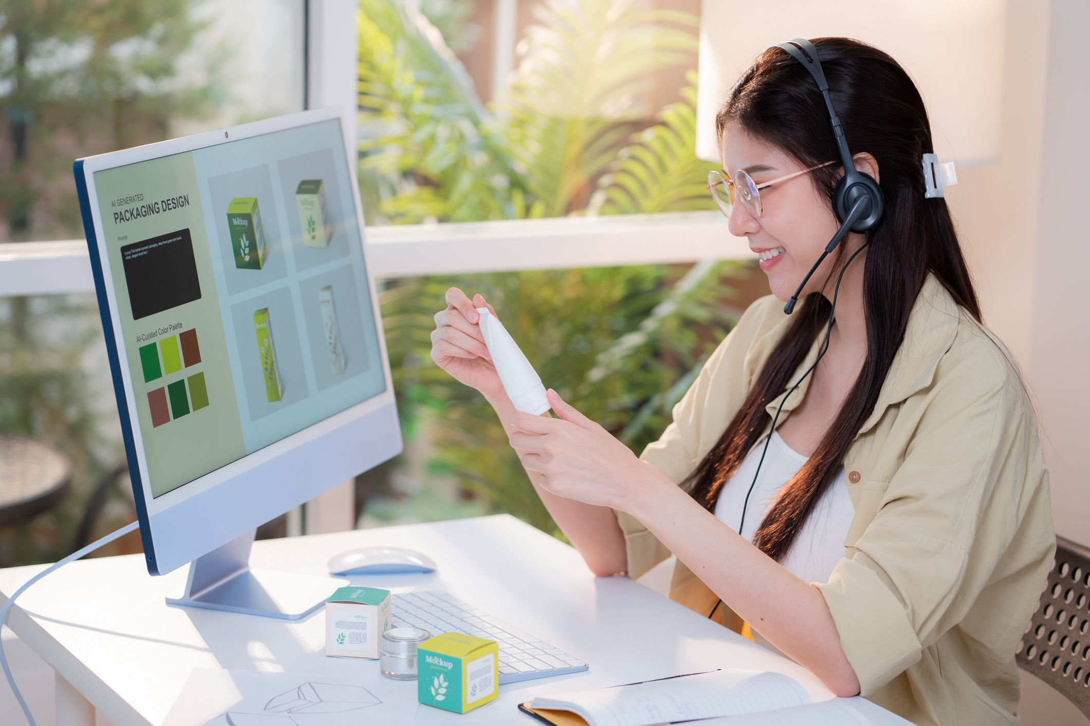 Woman wearing headphones reviewing product design mockups on computer monitor at desk with natural lighting