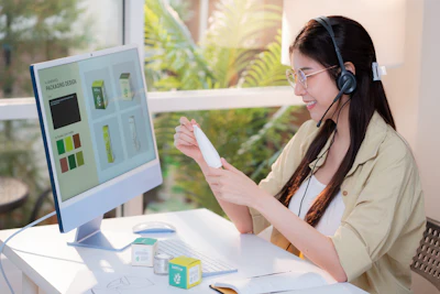 Woman wearing headphones reviewing product design mockups on computer monitor at desk with natural lighting