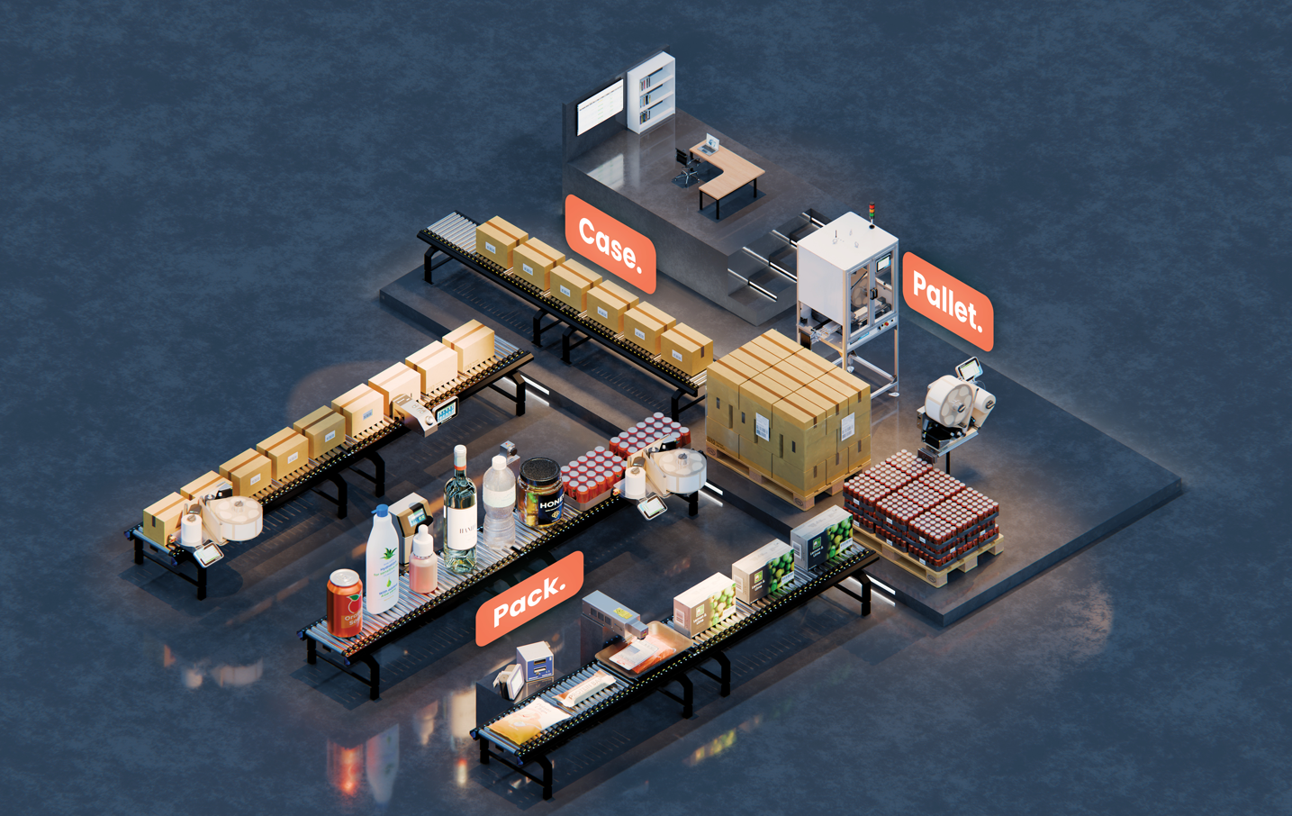 Isometric warehouse logistics scene with branded storage containers, pallets, and equipment on blue background