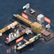 Isometric warehouse logistics scene with branded storage containers, pallets, and equipment on blue background