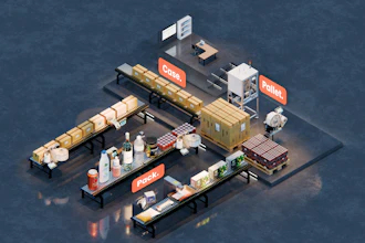 Isometric warehouse logistics scene with branded storage containers, pallets, and equipment on blue background