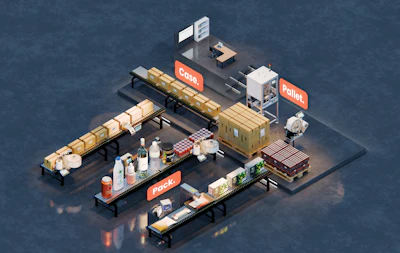 Isometric warehouse logistics scene with branded storage containers, pallets, and equipment on blue background