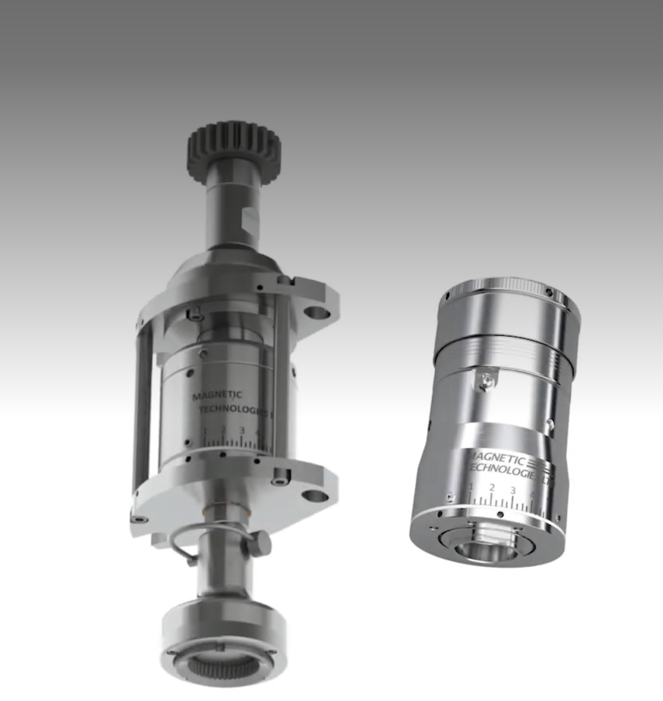 Two precision industrial spindle components with magnetic technology branding displayed side by side