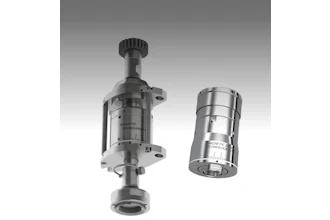 Two precision industrial spindle components with magnetic technology branding displayed side by side