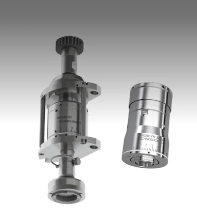 Two precision industrial spindle components with magnetic technology branding displayed side by side