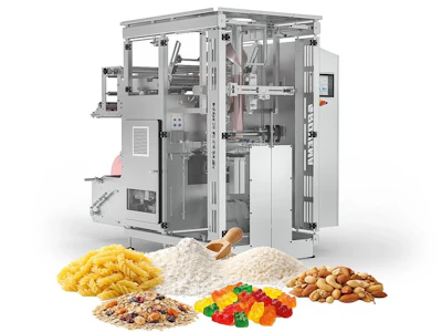 Industrial food packaging machine with displayed ingredients including pasta, flour, nuts, cereals, and gummy candies