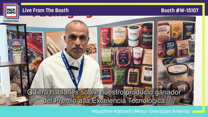 Man in white shirt at Pack Expo booth W-15107 discussing award-winning technology with packaged food products displayed behind him