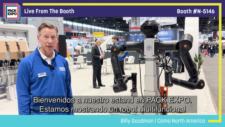Billy Goodman from Cama North America presents a multifunctional robot at Pack Expo booth N-5146 during a live broadcast