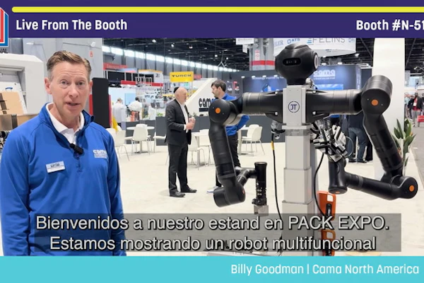 Billy Goodman from Cama North America presents a multifunctional robot at Pack Expo booth N-5146 during a live broadcast