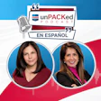 unPACKed Podcast En Español promotional graphic featuring two female hosts with microphone icon and audio waveform design