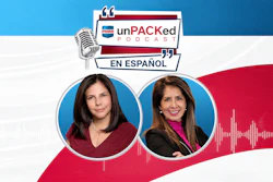 unPACKed Podcast En Español promotional graphic featuring two female hosts with microphone icon and audio waveform design