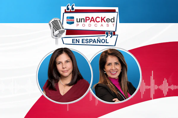 unPACKed Podcast En Español promotional graphic featuring two female hosts with microphone icon and audio waveform design