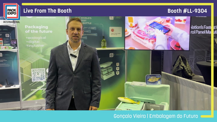 Professional presenting at Pack Expo booth LL-9304 showcasing packaging solutions with green backdrop and product displays