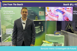 Professional presenting at Pack Expo booth LL-9304 showcasing packaging solutions with green backdrop and product displays