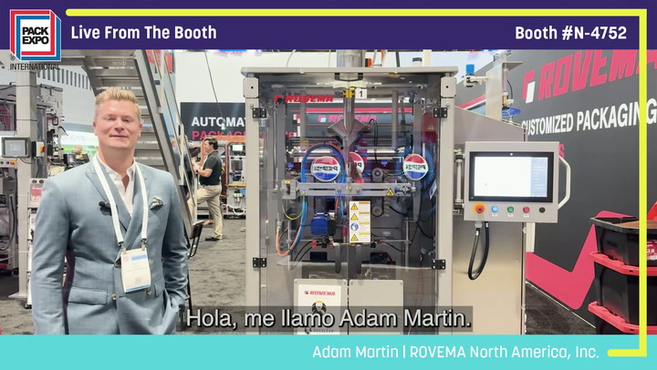 Adam Martin from ROVEMA North America at Pack Expo booth N-4752, standing before automated packaging machinery and customized packaging equipment display.