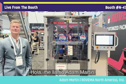 Adam Martin from ROVEMA North America at Pack Expo booth N-4752, standing before automated packaging machinery and customized packaging equipment display.