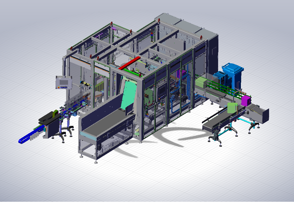 3D isometric view of automated industrial manufacturing equipment with conveyor systems and processing modules in blue, green, and purple
