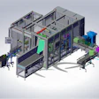 3D isometric view of automated industrial manufacturing equipment with conveyor systems and processing modules in blue, green, and purple