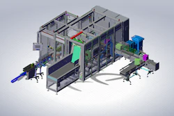3D isometric view of automated industrial manufacturing equipment with conveyor systems and processing modules in blue, green, and purple