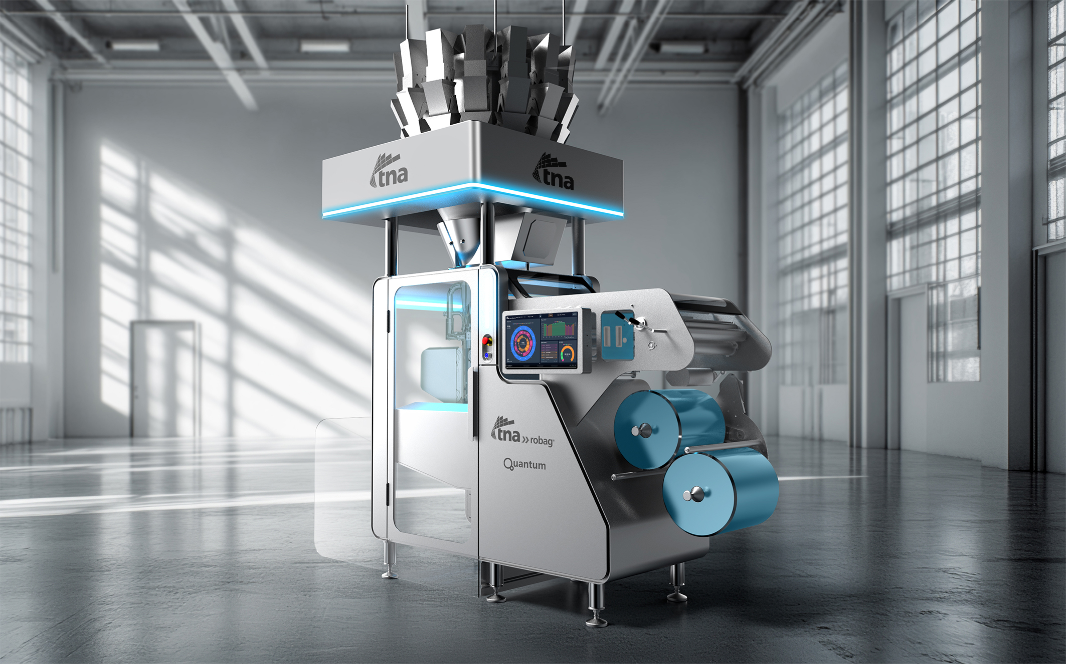 tna Quantum medical or laboratory device with blue accents displayed in modern industrial facility