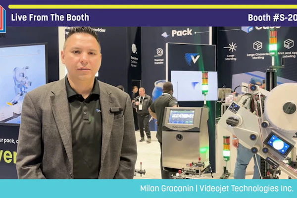 Milan Grocannin from Videojet Technologies presents packaging automation equipment at Pack Expo booth S-2042